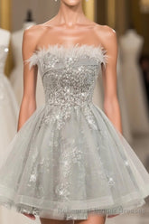 Gray Sweetheart Lace Tulle Short Semi Formal Prom Dress, Gray Cocktail Dress